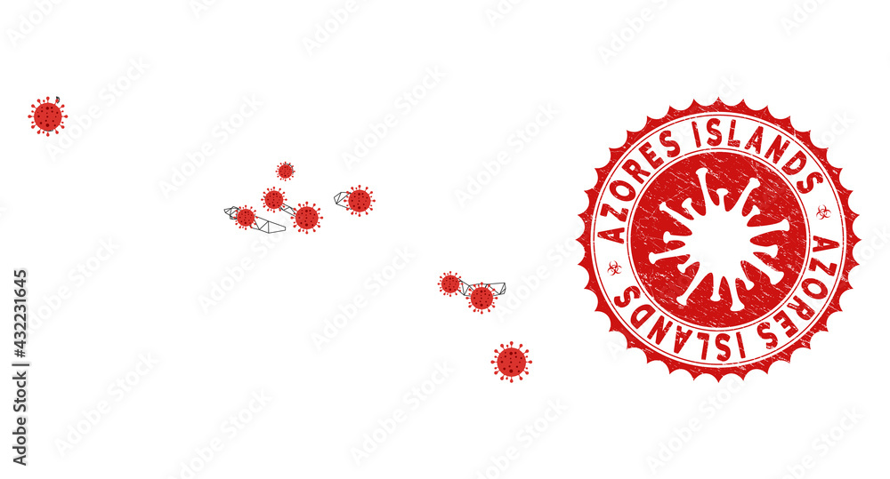 Poster polygonal mesh azores islands map with coronavirus centers. abstract network connected lines and cov