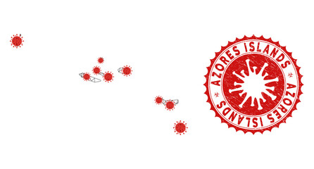 Polygonal mesh Azores Islands map with coronavirus centers. Abstract network connected lines and covid- 2019 viruses form Azores Islands map.