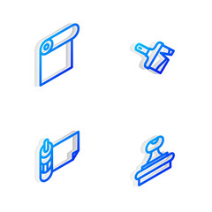 Set Isometric line Paint brush, Roll of paper, and Stamp icon. Vector