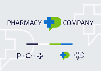 Blue Medical Cross Symbol with Green P Letter. Vector Template Logo Concept. Icon Design for Medical Media and Clinics