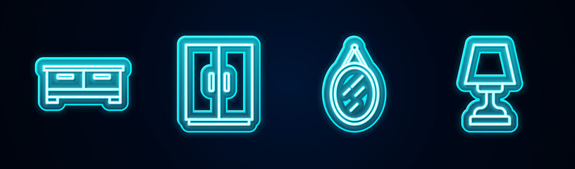 Set line Chest of drawers, Wardrobe, Mirror and Table lamp. Glowing neon icon. Vector