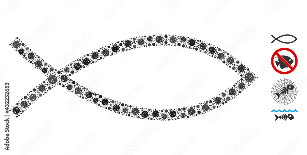 Poster mosaic fish symbol organized from flu virus icons in variable sizes and color hues. vector pathogen 