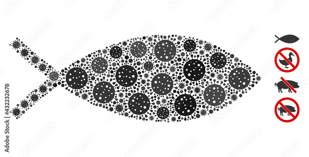 Poster mosaic fish constructed from sars virus icons in variable sizes and color hues. vector viral items a
