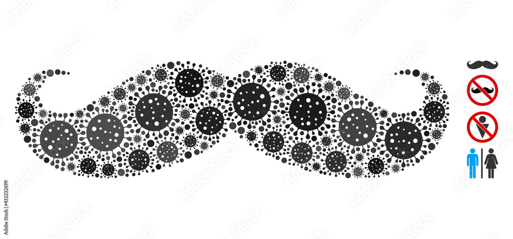 Poster collage gentleman moustache composed of sars virus elements in random sizes and color hues. vector i