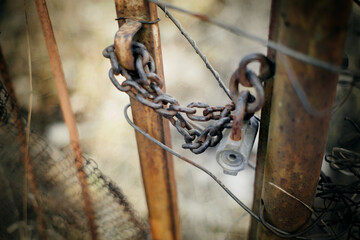 Gate closed on the lock on a rusty chain. A gate closed on the lock.
