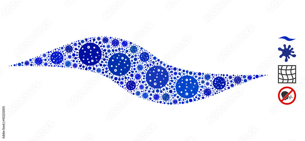 Poster mosaic wave shape organized from sars virus items in various sizes and color hues. vector viral item