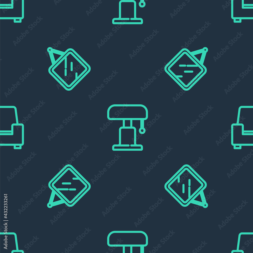 Poster set line table lamp, mirror and armchair on seamless pattern. vector