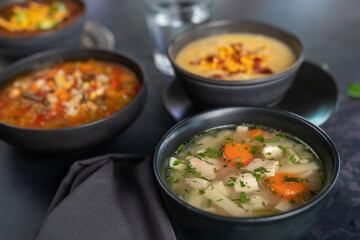 Variety of soups in bowls