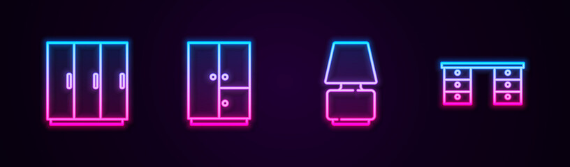 Set line Wardrobe, , Table lamp and Office desk. Glowing neon icon. Vector