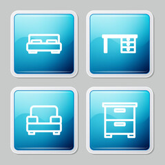 Set line Big bed, Office desk, Armchair and Furniture nightstand icon. Vector