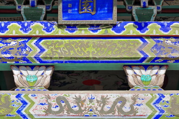 Wooden beams-dougong brackets-polychrome architraves-painted rafters. Colonnade along Ming Qing...