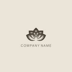 Simple, minimalistic, stylized lotus flower symbol or logotype, composed of several elements. With small dots. 