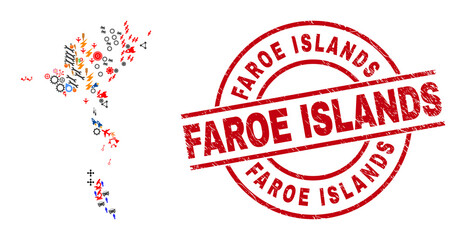 Faroe Islands map collage and distress Faroe Islands red circle stamp print. Faroe Islands stamp uses vector lines and arcs. Faroe Islands map mosaic contains helmets, houses, lamps, bugs, people,