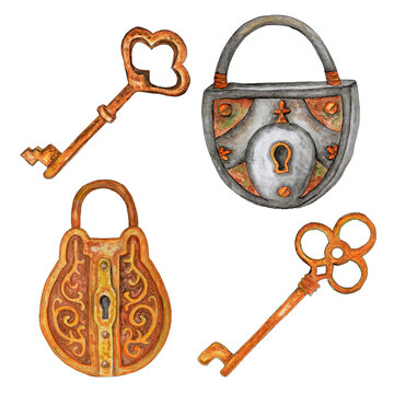 Watercolor set with locks and keys.