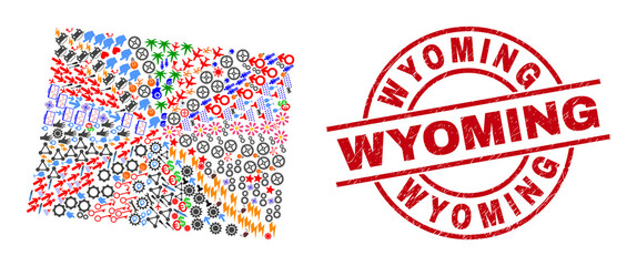 Wyoming State map collage and textured Wyoming red round stamp imitation. Wyoming stamp uses vector lines and arcs. Wyoming State map collage includes helmets, homes, screwdrivers, suns, wine glasses,