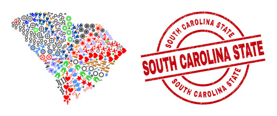 South Carolina State map collage and South Carolina State red circle stamp imitation. South Carolina State stamp uses vector lines and arcs. South Carolina State map collage contains helmets, homes,