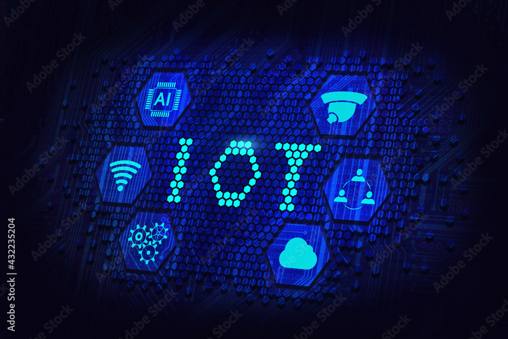 Poster iot internet of things concept, pixel art in circuit board, networking for connected devices, dark b