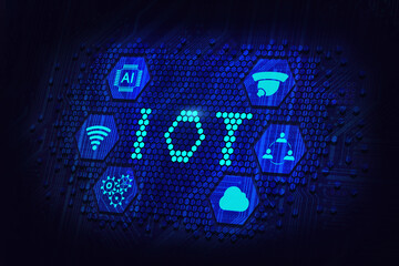 IOT Internet of things concept, pixel art in circuit board, networking for connected devices, dark blue neon