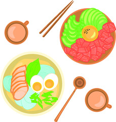 Asian food. Asian food vector illustration with salmon, avocado, meat. Ramen vector isolated. Dinner for two person. Restaurant illustration. 