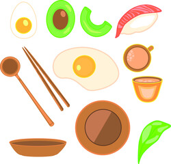 Set of Asian food. Isolated on background. Eggs, sushi, avocado, food sticks, cups, spoon, herb