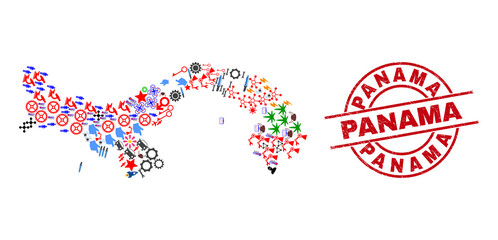 Panama map mosaic and Panama red circle stamp seal. Panama seal uses vector lines and arcs. Panama map mosaic contains helmets, homes, screwdrivers, bugs, wine glasses, and more pictograms.