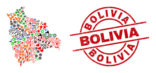 Bolivia map mosaic and dirty Bolivia red round badge. Bolivia badge uses vector lines and arcs. Bolivia map mosaic contains gears, homes, lamps, suns, wine glasses, and more symbols.
