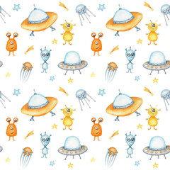 Space Seamless pattern with Astronaut, cosmonaut, Space rocket, Flying saucer UFO, Spaceship, alien, Unidentified flying object, stars. Watercolor kids fabric design, wrapping paper, background