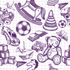 The seamless background of children's toys is drawn with a pen. Vector illustration