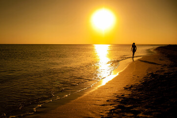 Fototapeta premium Silhouette of a girl running along the edge of the water in the sea at sunset. Recreation and sports concept
