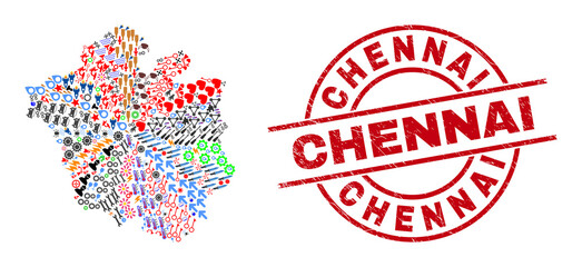 Chandigarh City map collage and Chennai red round seal. Chennai seal uses vector lines and arcs. Chandigarh City map collage contains helmets, homes, screwdrivers, suns, wine glasses, and more icons.