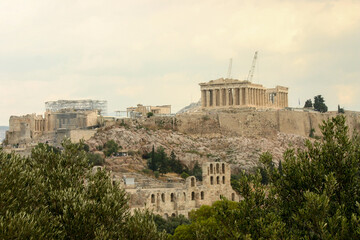 Fototapeta na wymiar Restoration being done to the Parthenon atop of the Acropolis in Athens, Greece