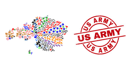 Vizcaya Province map collage and distress Us Army red round stamp seal. Us Army stamp uses vector lines and arcs. Vizcaya Province map collage contains gears, houses, lamps, suns, hands,