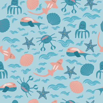 Cute seamless pattern from marine animals like shark, octopus, crab, whale, starfish and seashell. Vector illustration on white background.