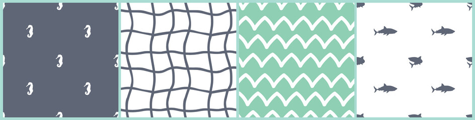 Sea horses, sharks, fishing net and waves seamless patterns. Vector cartoon set of underwater ocean, sea illustrations in blue, green, white colors