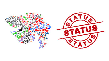 Obraz premium Gujarat State map collage and textured Status red round stamp print. Status stamp uses vector lines and arcs. Gujarat State map collage includes gears, homes, showers, bugs, people, and more icons.