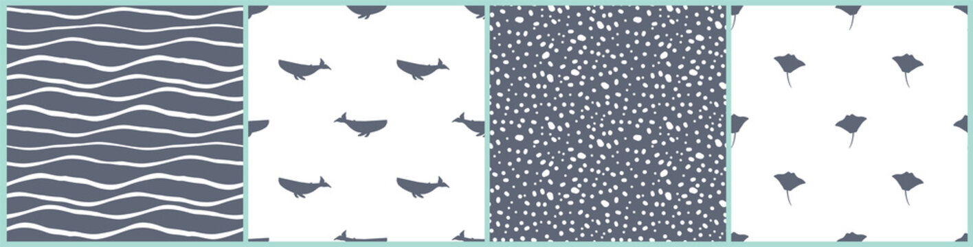 Whales, rays, waves and dots as underwater bubbles. Simple blue white monochrome silhouette abstract seamless patterns