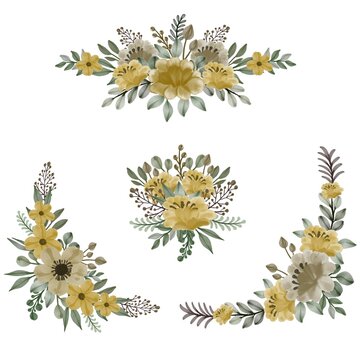 Yellow Floral Frame. Arrangement Of Yellow Watercolor Frame Wreath Design. Bouquet Floral Design Vector.