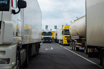 a long traffic jam of many trucks at the border , a long wait for customs checks between States due to the coronavirus epidemic, increased sanitary inspection of cargo transport