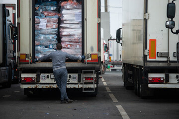 unloading of goods from the truck, checking the imported cargo, a person stands in front of the open body and examines, enhanced customs inspection and export verification