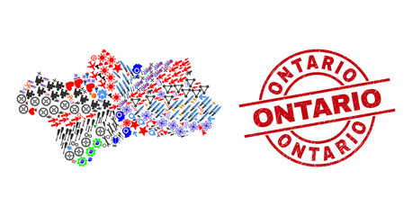 Andalusia Province map mosaic and distress Ontario red round stamp seal. Ontario seal uses vector lines and arcs. Andalusia Province map mosaic contains gears, houses, wrenches, bugs, wine glasses, - 432239027