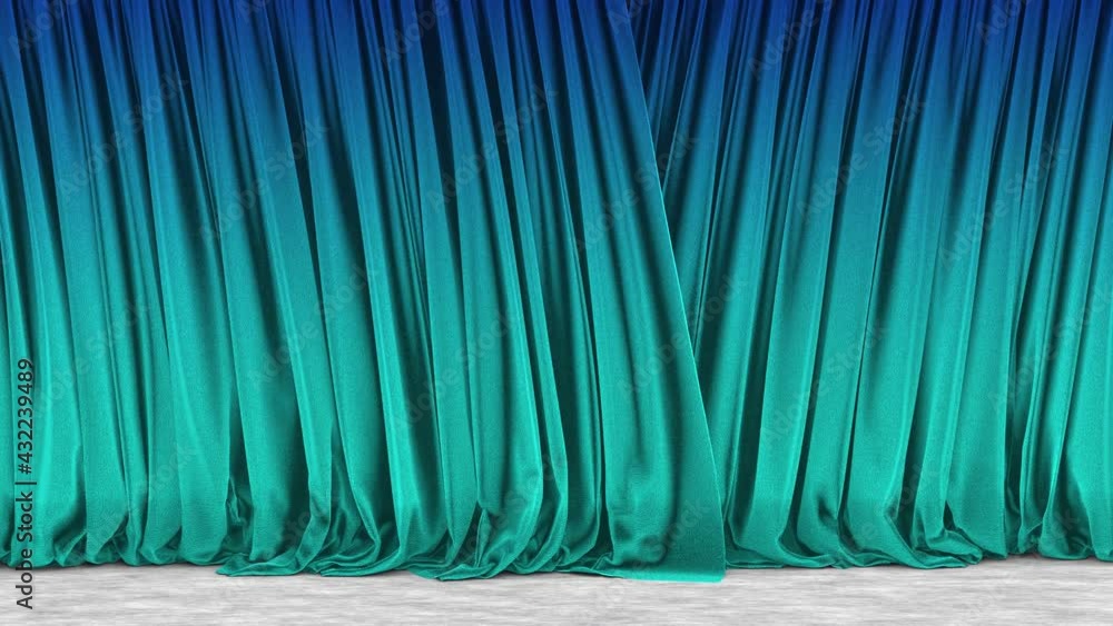 Aufkleber realistic 3d animation of the turquoise blue gradient textured matte curtain with concrete flooring 