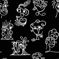Abstract drawing of women's faces with white lines on a black background.Seamless pattern.