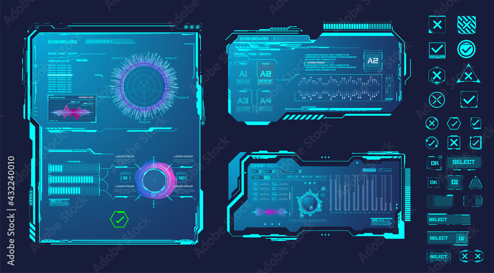Fototapete futuristic frames. cyberpunk hud square screen. digital futuristic hud interface panels, hologram hi