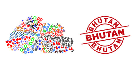 Bhutan map mosaic and distress Bhutan red round stamp print. Bhutan badge uses vector lines and arcs. Bhutan map mosaic includes helmets, houses, lamps, suns, hands, and more icons.