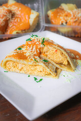 Healthy foods, full of vegetables and delicious flavors presented in white plate with colorful background