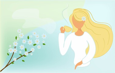 The girl is drinking coffee and admiring the flowering plant. Portrait of a cute blonde with a cup of tea. Vector illustration in gentle pastel colors with place for text. Modern flat style.