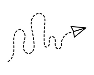 Airplane line path vector icon of air plane flight route with start point and dash line trace