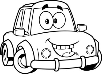 Outlined Happy Car Cartoon Character. Vector Hand Drawn Illustration Isolated On Transparent Background