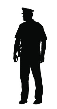 Policeman officer on duty vector silhouette illustration isolated on white background. Police man in uniform in patrol on street.  Security service member protect people. Law and order. 