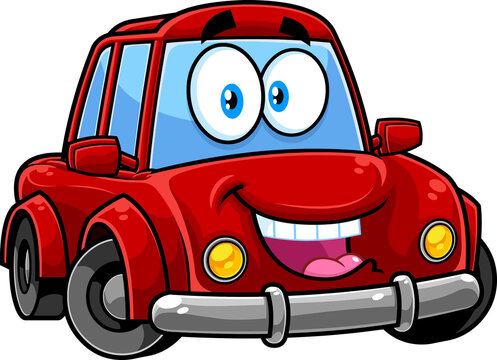 Happy Red Car Cartoon Character. Vector Hand Drawn Illustration Isolated On Transparent Background